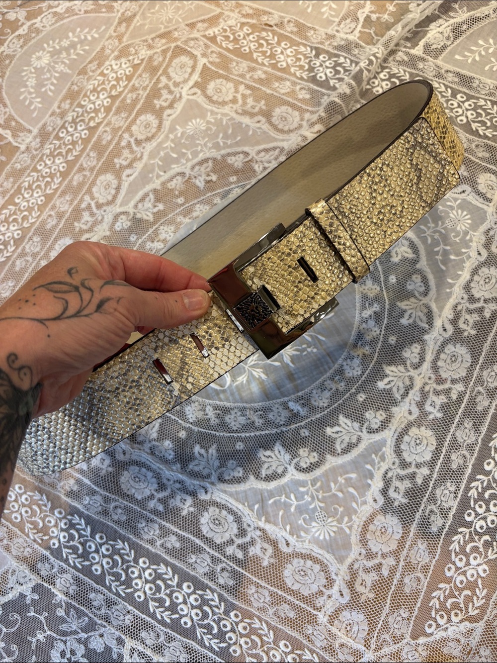 Anne Klein Gold Metallic Textured Belt with Silver Buckle
